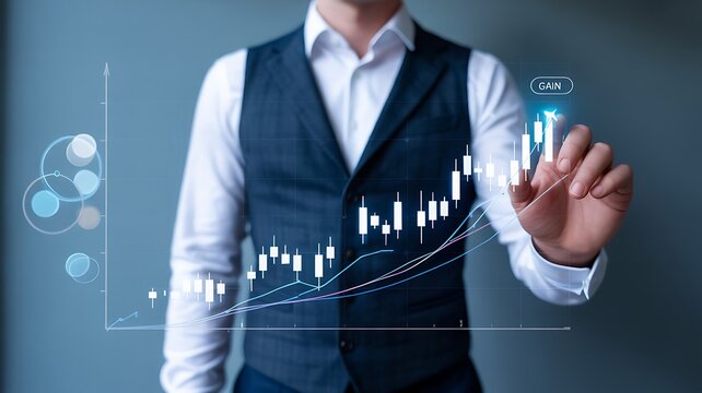 Businessman analyzing digital stock market chart with rising financial trends
