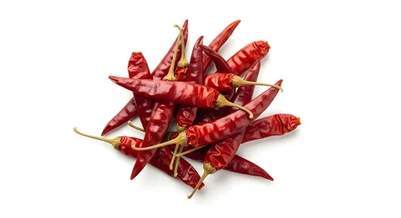 A vibrant pile of dried red chili peppers showcasing their wrinkled texture and intense color against a clean white background perfect for culinary inspiration © Azad visuals