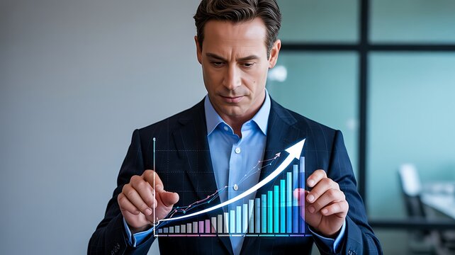 Businessman analyzing digital growth chart showing rising financial performance
