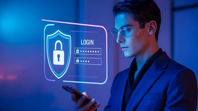 Man using smartphone with digital login security interface and password icon