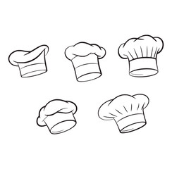 Five chef hats in black and white outline cook cooking