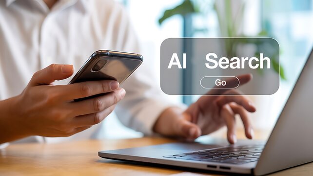Person using smartphone and laptop with ai search interface for digital browsing
 - Powered by Adobe