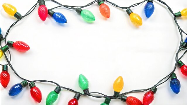 Border of festive colorful holiday light string isolated on white