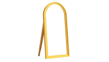 Golden arched picture frame, standing, with wood support, isolated on black