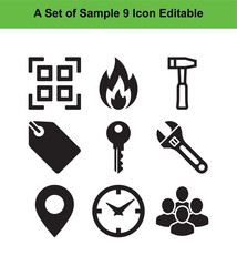 Obraz premium Nine black icons including Q R code hammer key clock people symbol graphic