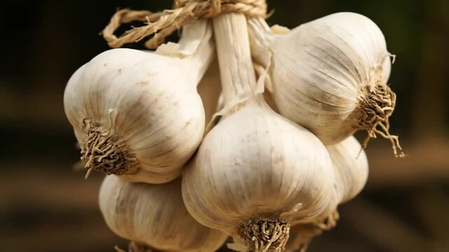 Close-up of a bundle of white garlic bulbs. Tied together with twine, the bulbs have textured skins and small roots