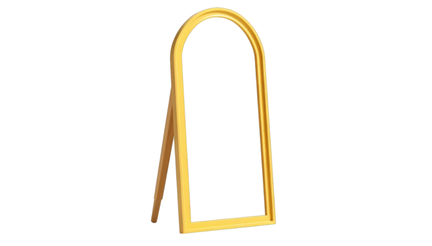 Golden arched picture frame, standing, with wood support, isolated on black