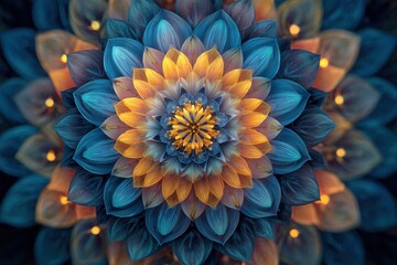 Intricate Luminous Blue and Gold Mandala Bloom with Symmetrical Petal Layers.