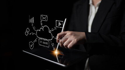 A hand drawn doodle of a cloud computing services ecosystem. A creative sketch of a network for data storage, sharing, and online applications. Motif
