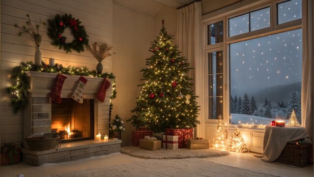 Warm Atmosphere on a Winter Snowy Night: Empty Shot of Home Interior with Fireplace Decorated with Christmas Tree, Gifts, Ornaments, Garlands and Stockings. Magical Time of a Holiday Full of Happiness