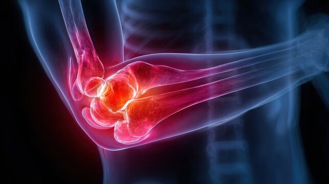 X-ray image showing elbow joint with signs of degeneration or injury causing persistent pain