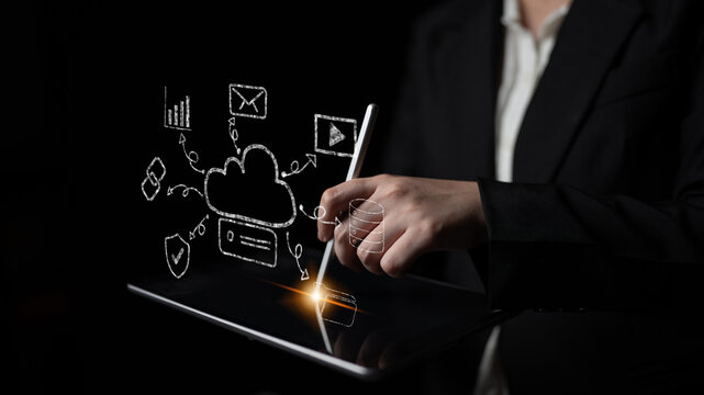 A hand drawn doodle of a cloud computing services ecosystem. A creative sketch of a network for data storage, sharing, and online applications. Motif