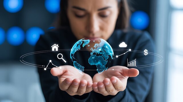 Woman holding digital globe hologram with global business and technology icons
