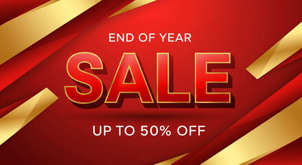 Dramatic end of year sale with up to 50% off offers in red and gold for holiday promotions, business marketing, and seasonal retail events, shop now
