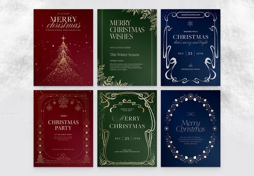 Christmas Poster Flyer Set in Classic Festive Invitation Style & Luxury Red Green Blue Gold Hues with Elegant Vintage Christmas Frame & Border Vector