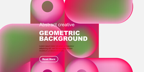 Abstract geometric composition. Pink, green hues dominate design. Text overlay promotes content, button invites interaction. Modern aesthetic.