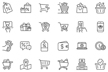 Modern shopping icons set collection. Modern style of commerce related icons. store, shopping card, shopping app, product, shop, web and more Shopping related icon symbol. Vector illustration.