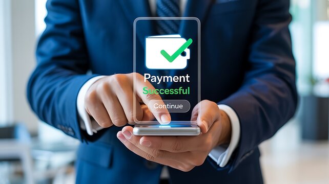 Businessman holding smartphone showing digital payment successful confirmation
 - Powered by Adobe
