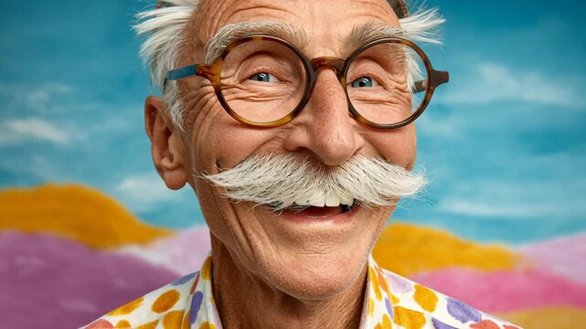 Elderly man with distinctive mustache and glasses, transitions from serene expression to joyful smile, showcasing emotional progression, camera performs a gentle zoom in
