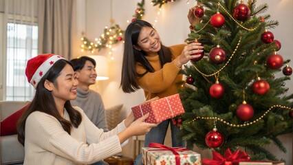 Group of happy Asian friends celebrating Christmas and decorate the Christmas tree indoors. Beauty woman with Christmas Gifts. New Year party. Woman hands decorate Christmas tree red ball, bauble.