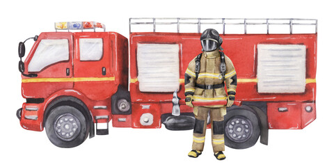 Watercolor fire truck with firefighter illustration