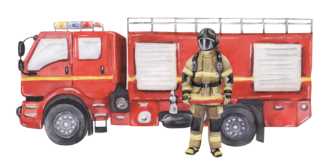Watercolor fire truck with firefighter illustration