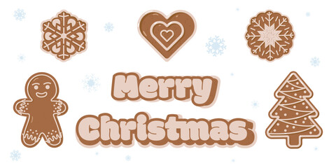 Merry Christmas in gingerbread-style font surrounded by festive cookies gingerbread man, tree, heart, and snowflakes. Light blue snowflakes on white background. Cozy and cheerful holiday illustration