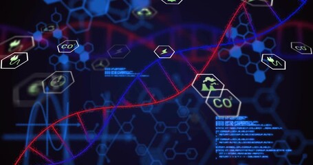 Red double-helix entering lower left sweeping center upward aligning hex icons, showing energy data - Powered by Adobe