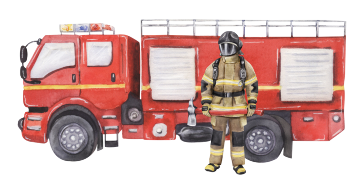 Watercolor fire truck with firefighter illustration