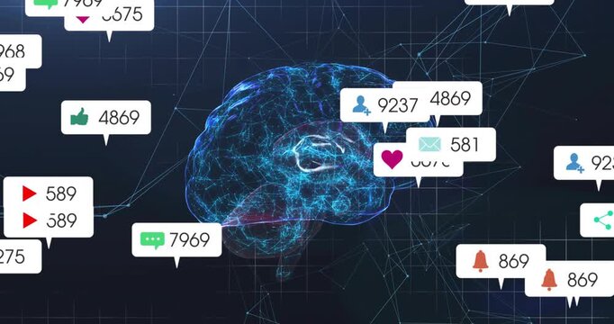 Hologram brain pulsing as alert bubbles spawning from left, flowing in, visualizing data overload