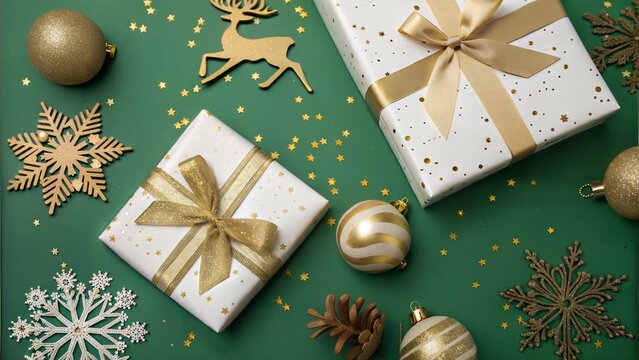 Modern festive spirit. Top view shot showcasing ribbon-wrapped presents, opulent baubles, reindeer and snowflake details, golden sequins against green background with space for personalized wishes