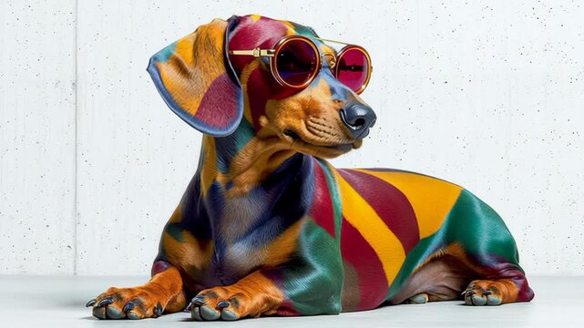 Colorful dachshund wearing stylish sunglasses, lounging on a smooth surface, showcasing vibrant patterns and textures, with gradual camera zoom enhancing the playful atmosphere of the scene
