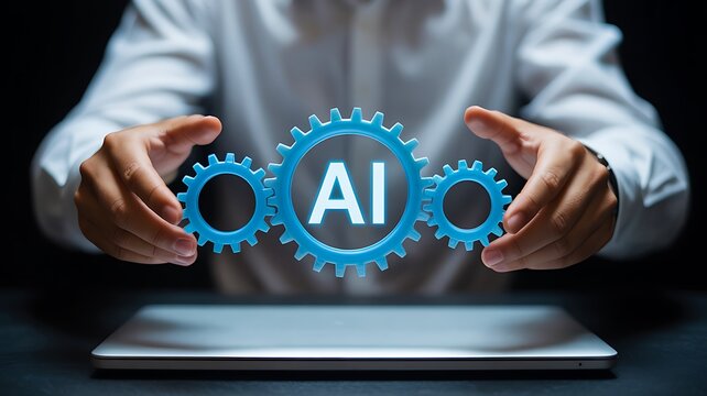 Businessperson showing ai automation gears above laptop for modern technology concept
