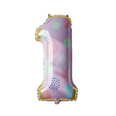 A whimsical number 1 balloon adorned with a playful pattern of pastel polka dots and confetti, perfect for birthdays and celebrations