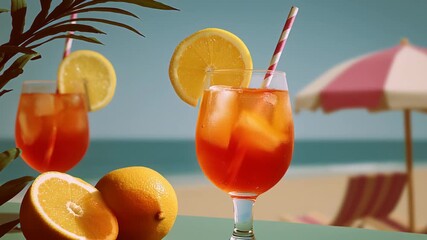 Refreshing tropical beverage with vibrant orange hues, garnished with lemon slices, captured in a serene beach setting, showcasing the drink's allure as the camera pans across the scene