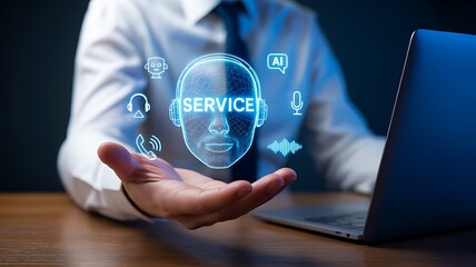 Businessman presenting digital customer service support icon with ai technology