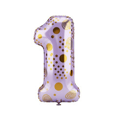 A festive lavender number 1 balloon with a whimsical golden polka dot and swirl pattern, perfect for birthdays and celebrations