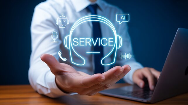 Businessman presenting digital customer service support icon with ai technology
