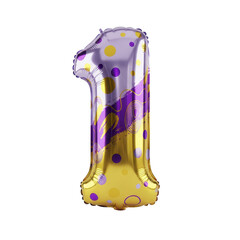 Festive number 1 balloon with purple and gold polka dots and abstract swirls, perfect for celebrations and birthdays