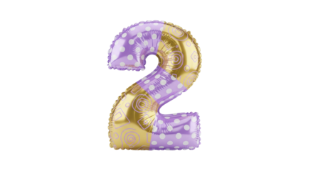 Vibrant purple and gold number two balloon with playful polka dot and swirl patterns, perfect for birthday celebrations, anniversaries, and festive events
