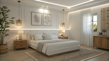 modern living room, Minimalist bedroom with white bedding, wooden side tables, and warm ambient lighting