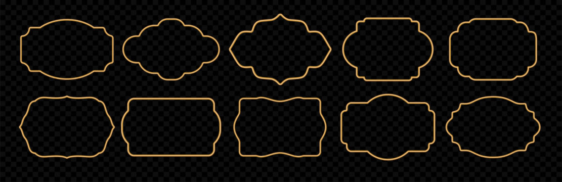 Golden ornamental 3d frame set. Oriental style shiny realistic Islamic windows, Indian border, decorative element, morocco shapes. Vector illustration for invitation, greeting card, decorative design