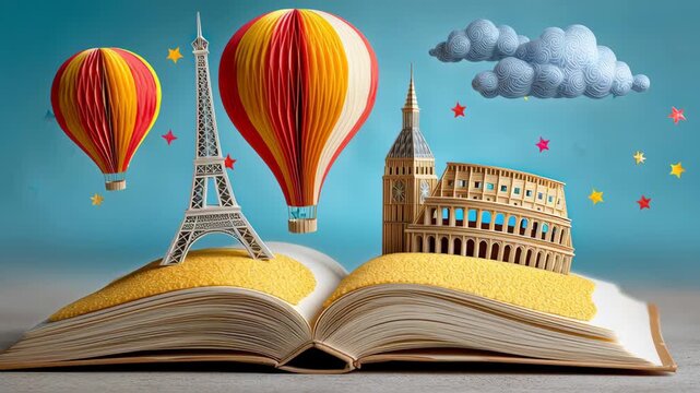Colorful hot air balloons rise above an open book featuring iconic landmarks, showcasing a whimsical scene of imagination and adventure, with a gradual upward camera movement enhancing the visual stor