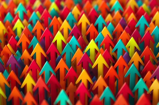 A vibrant and colorful abstract pattern of countless upward pointing arrows in a dense arrangement creating a dynamic visual texture and sense of movement