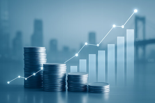 Coin stacks with rising bar and line graph in background symbolizing financial growth wealth investment analysis economy and business success