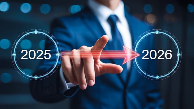 Businessman touching digital timeline showing transition from 2025 to 2026
