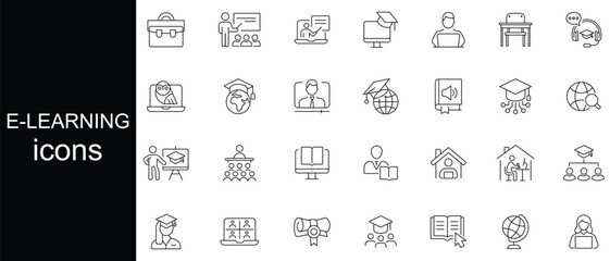 E-learning and Education line icon vector set. Education, school, university, webinar, study, online training and more icons. Vector illustration.