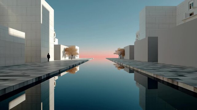 Individual standing on urban pathway beside tranquil waterway, with reflections of modern architecture and trees, as camera pans across the serene landscape, capturing the evolving scene
