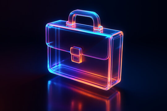 Glowing futuristic neon briefcase symbol representing digital business innovation corporate concept and modern professional success