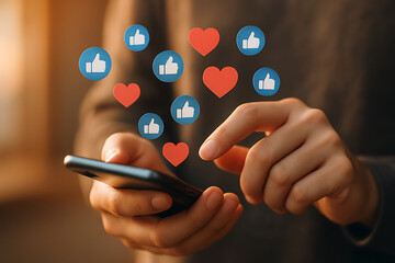 Hands holding smartphone with floating like and heart icons symbolizing social media interaction online engagement and digital connection